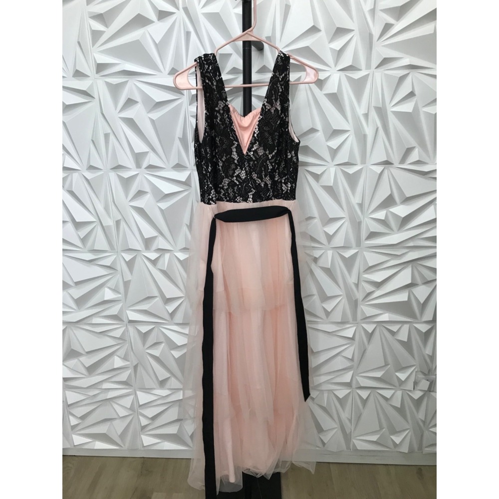 Avec Les Filles Sleeveless Black Lace Top Pink Tulle Maxi Dress Sz 8 V-Neck - Picture 2 of 8